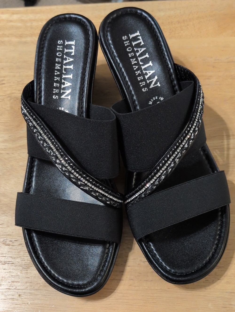 Black Wedge Heeled Sandals With Rhinestones